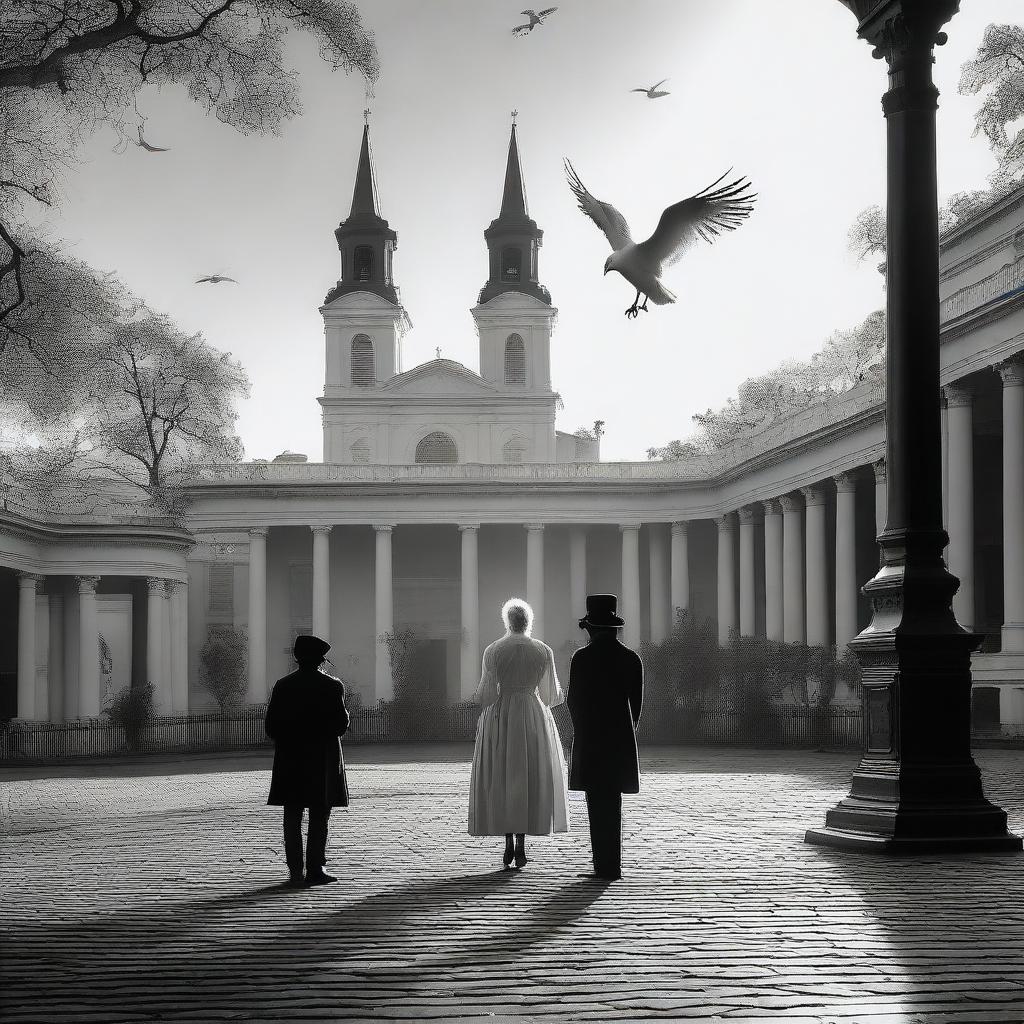 A dramatic early morning scene set in Jackson Square, New Orleans in the 1780s