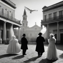 A dramatic early morning scene set in Jackson Square, New Orleans in the 1780s