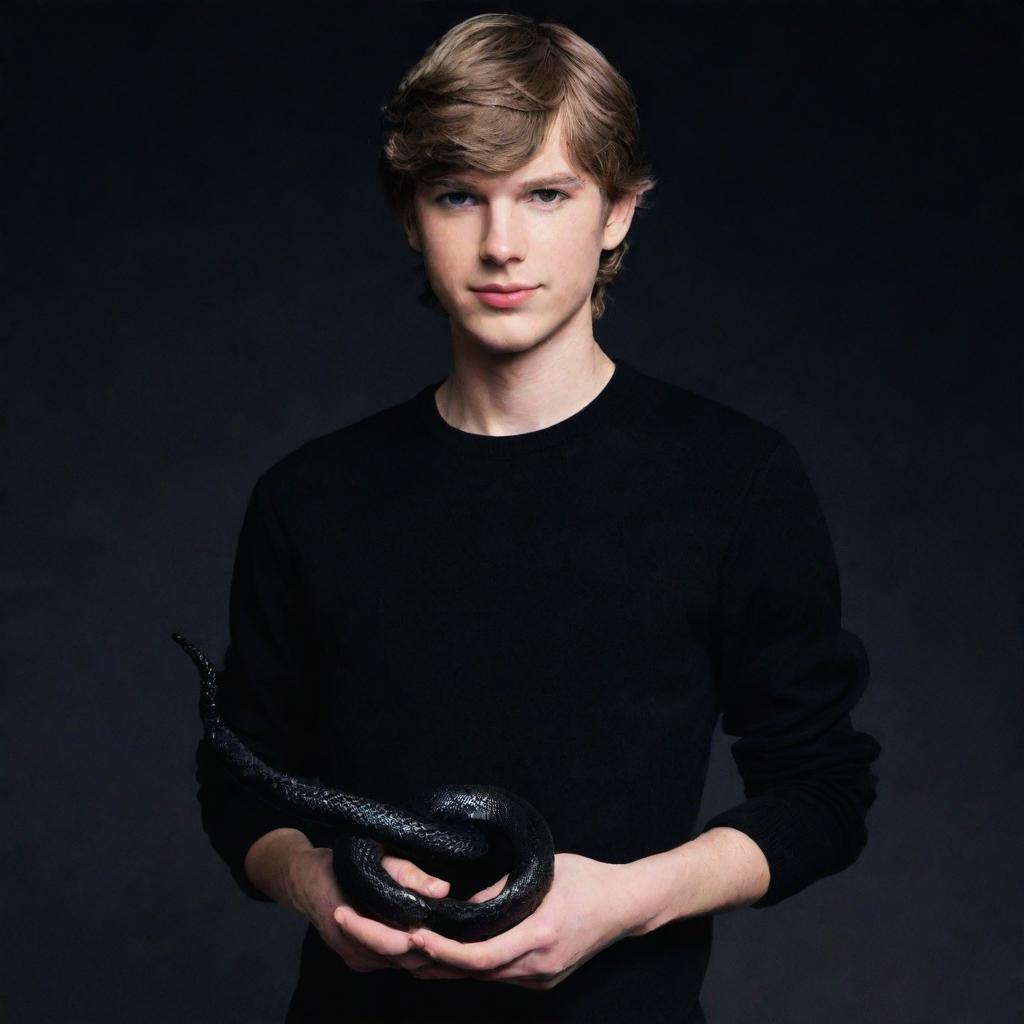 Animated teenage male version of Taylor Swift, dressed in a black aesthetic, holding a black snake.