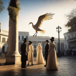 A dramatic early morning scene set in Jackson Square, New Orleans in the 1780s