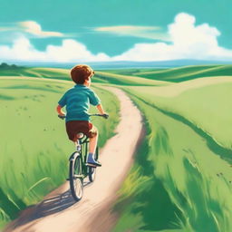 A vivid image of a young boy riding a bicycle in a vast, green field