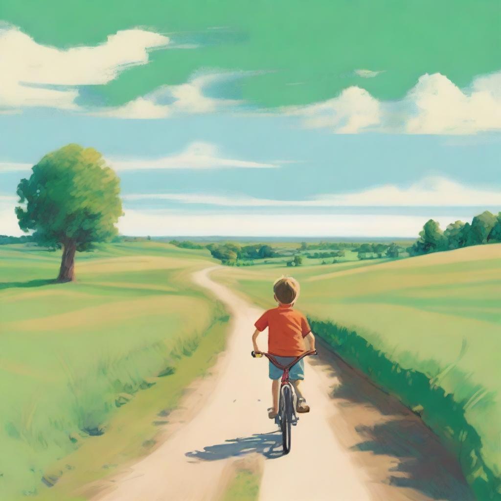 A vivid image of a young boy riding a bicycle in a vast, green field