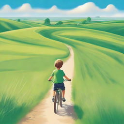 A vivid image of a young boy riding a bicycle in a vast, green field