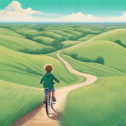 A vivid image of a young boy riding a bicycle in a vast, green field