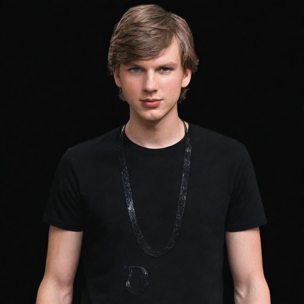 Animated teenage male version of Taylor Swift wearing a black aesthetic outfit and a necklace featuring a black snake.