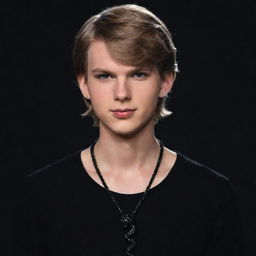 Animated teenage male version of Taylor Swift wearing a black aesthetic outfit and a necklace featuring a black snake.