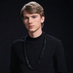 Animated teenage male version of Taylor Swift wearing a black aesthetic outfit and a necklace featuring a black snake.