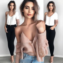 Create an image of a girl wearing fashionable and stylish clothes that highlight her features