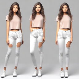 Create an image of a girl wearing fashionable and stylish clothes that highlight her features