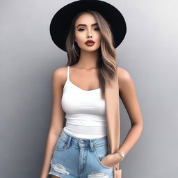 Create an image of a girl wearing fashionable and stylish clothes that highlight her features