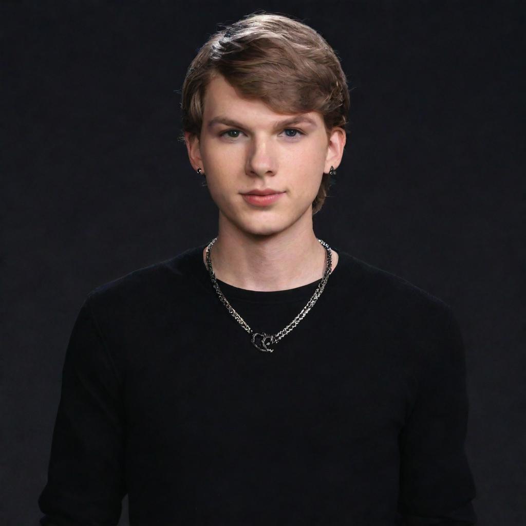 Animated teenage male version of Taylor Swift wearing a black aesthetic outfit and a necklace featuring a black snake.