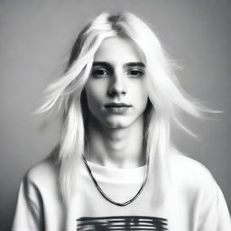 Create a black and white image of a teenage boy with long, white hair