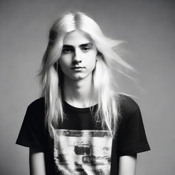 Create a black and white image of a teenage boy with long, white hair