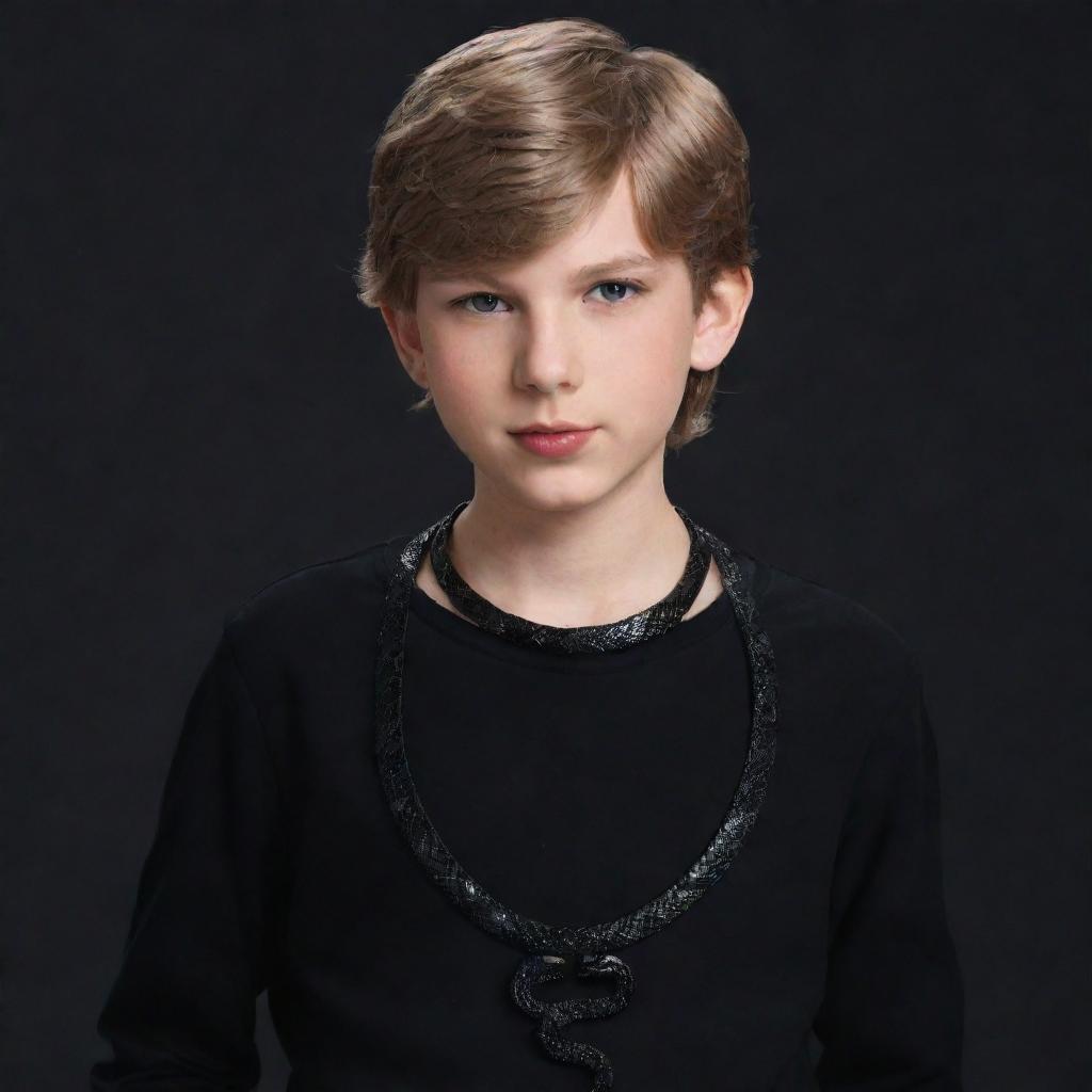 Animated kid male version of Taylor Swift, wearing a black aesthetic outfit and a necklace adorned with a black snake.