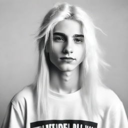 Create a black and white image of a teenage boy with long, white hair