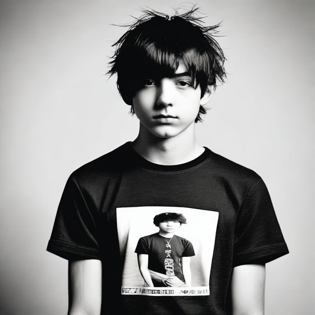 Create a black and white image of a 17-year-old man with short, black hair