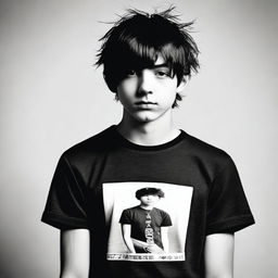 Create a black and white image of a 17-year-old man with short, black hair