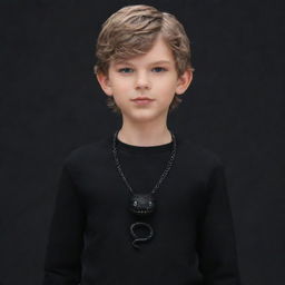 Animated kid male version of Taylor Swift, wearing a black aesthetic outfit and a necklace adorned with a black snake.