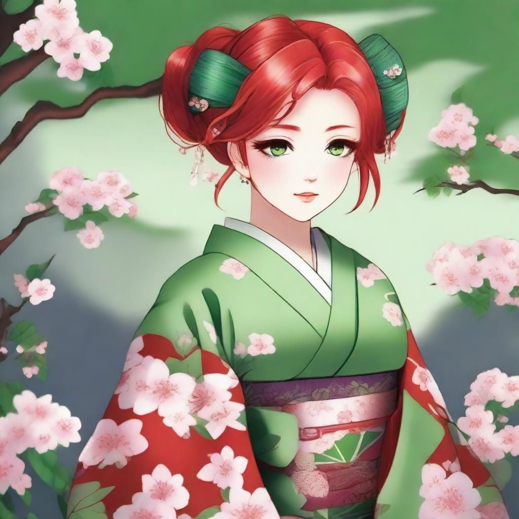 A beautiful red-headed waifu with striking green eyes, dressed in traditional Japanese attire