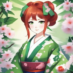 A beautiful red-headed waifu with striking green eyes, dressed in traditional Japanese attire