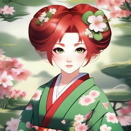 A beautiful red-headed waifu with striking green eyes, dressed in traditional Japanese attire