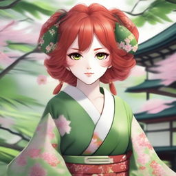 A beautiful red-headed waifu with striking green eyes, dressed in traditional Japanese attire