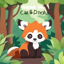 Create a children's coloring book cover featuring a cute baby red panda with big eyes in the forest