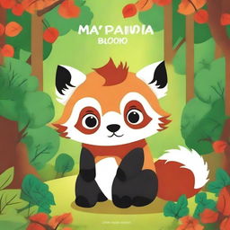 Create a children's coloring book cover featuring a cute baby red panda with big eyes in the forest