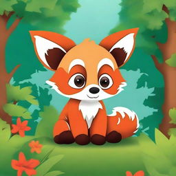 Create a children's coloring book cover featuring a cute baby red panda with big eyes in the forest