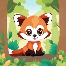 Create a children's coloring book cover featuring a cute baby red panda with big eyes in the forest