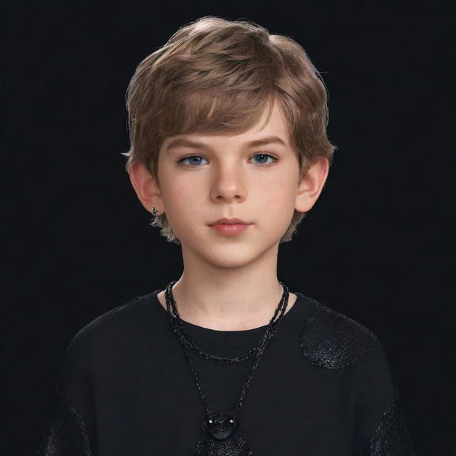 Animated kid male version of Taylor Swift, wearing a black aesthetic outfit and a necklace adorned with a black snake.