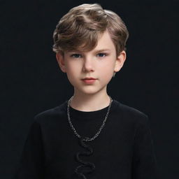 Animated kid male version of Taylor Swift, wearing a black aesthetic outfit and a necklace adorned with a black snake.