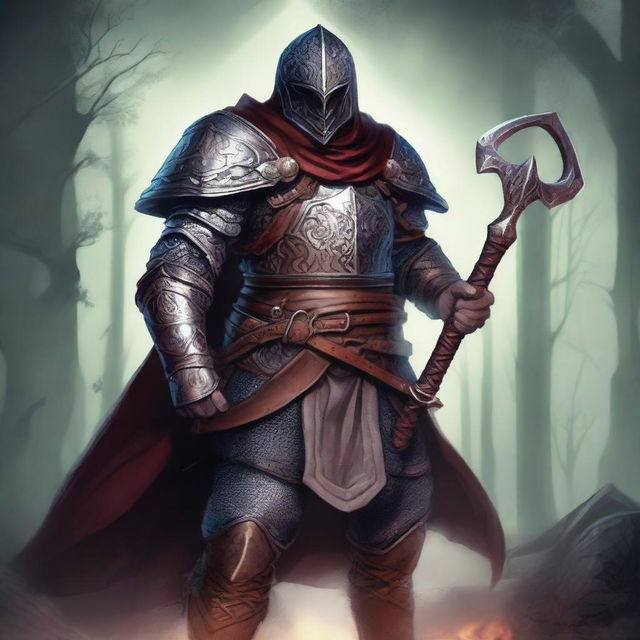 Create a detailed Dungeons & Dragons character with intricate armor, magical weapons, and a mystical background