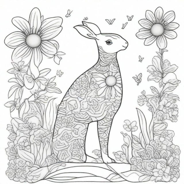 An ebook page designed for coloring, featuring intricate line art of various animals, flowers, and whimsical scenes