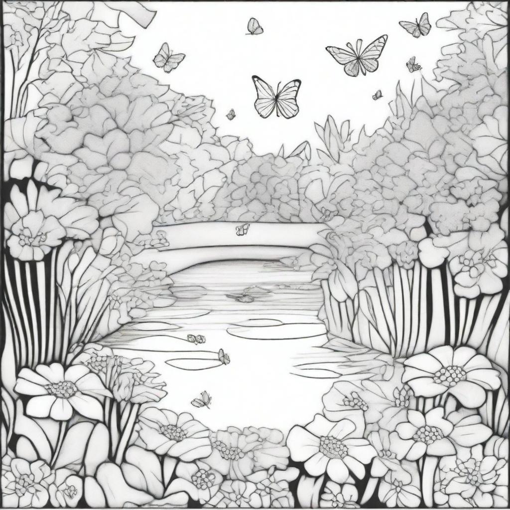 A detailed coloring book page featuring a whimsical garden scene with flowers, butterflies, and a small pond