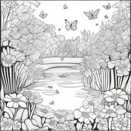 A detailed coloring book page featuring a whimsical garden scene with flowers, butterflies, and a small pond