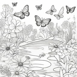 A detailed coloring book page featuring a whimsical garden scene with flowers, butterflies, and a small pond