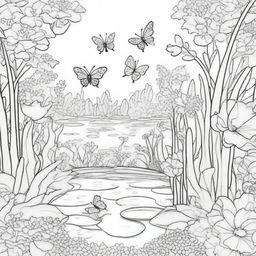 A detailed coloring book page featuring a whimsical garden scene with flowers, butterflies, and a small pond