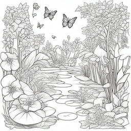 A detailed coloring book page featuring a whimsical garden scene with flowers, butterflies, and a small pond