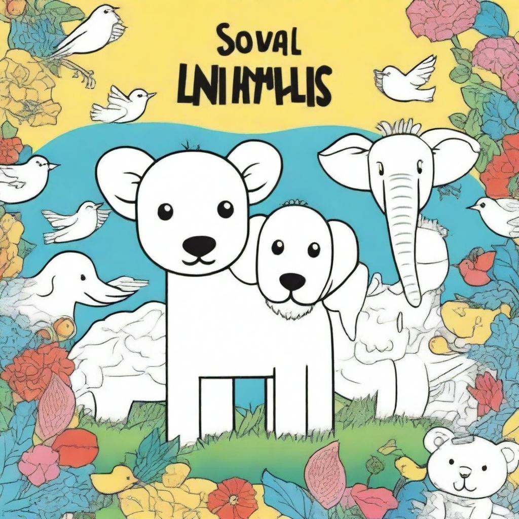 Create an image of a coloring book cover featuring animals