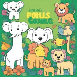 Create an image of a coloring book cover featuring animals