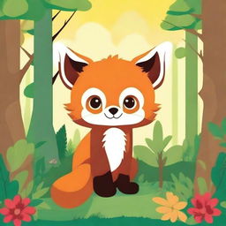 Create a children's coloring book cover featuring a cute baby red panda with big eyes in the forest