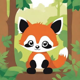 Create a children's coloring book cover featuring a cute baby red panda with big eyes in the forest