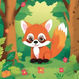 Create a children's coloring book cover featuring a cute baby red panda with big eyes in the forest