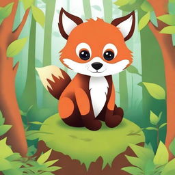 Create a children's coloring book cover featuring a cute baby red panda with big eyes in the forest