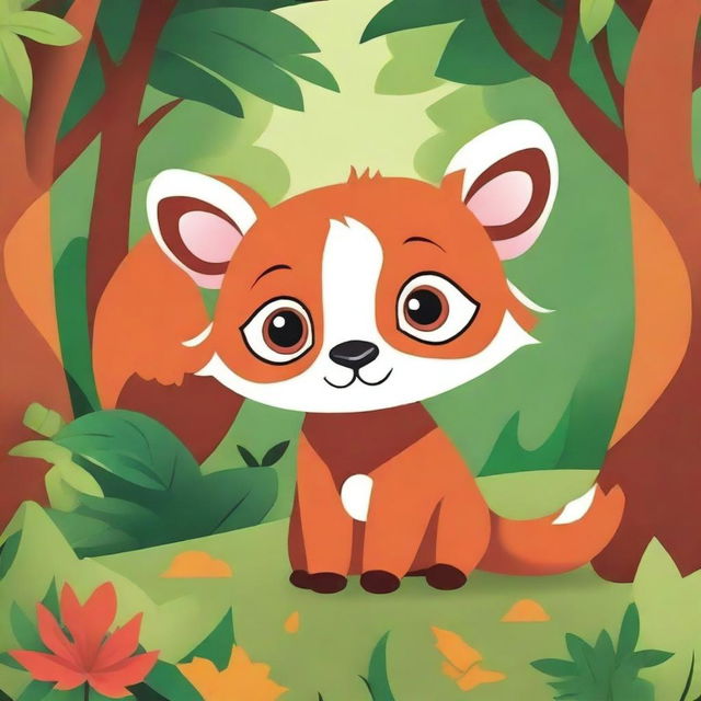 Create a children's coloring book cover featuring a cute baby red panda with big eyes in the forest