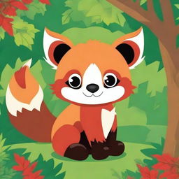 Create a children's coloring book cover featuring a cute baby red panda with big eyes in the forest