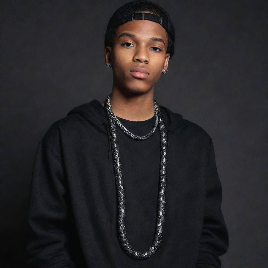 Hip Hop styled teenage male wearing a black aesthetic outfit and a necklace featuring a black snake.