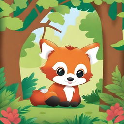 Create a children's coloring book cover featuring a cute baby red panda with big eyes in the forest