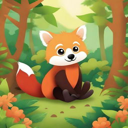 Create a children's coloring book cover featuring a cute baby red panda with big eyes in the forest